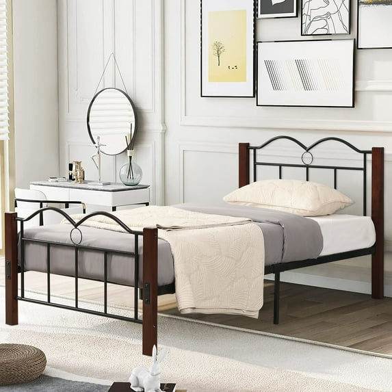 SYNGAR Rustic Platform Bed Frame Twin Size with Vintage Headboard and Footboard, Wooden Leg Support, No Box Spring Needed, Heavy Duty Steel Twin Bed Frame with 400LBS Weight Capacity, Brown