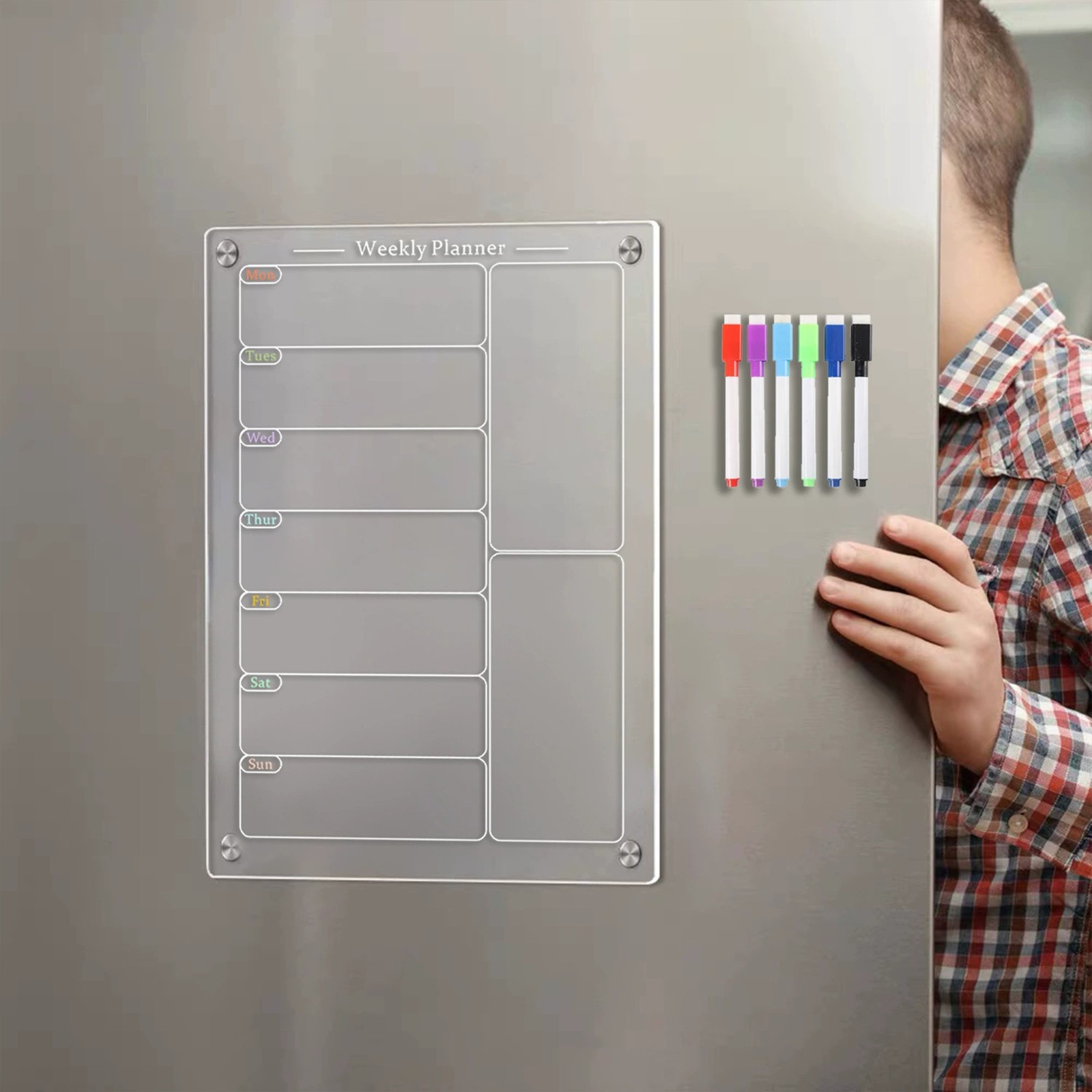 RUIG Acrylic Meal Planner Board for Kitchen Fridge - Weekly Calendar Planning Noteboard with Markers for Grocery List, Chore Chart & To-Do Organization