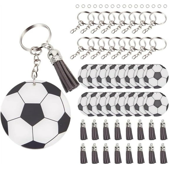 1 Box 64pcs Keychain Kits Sports Soccer Keychains Diy Acrylic Football Sport Themed Team Flatback Charm Bulk with Tassel Keychain Diy Bracelet Sports Favors Party Decor