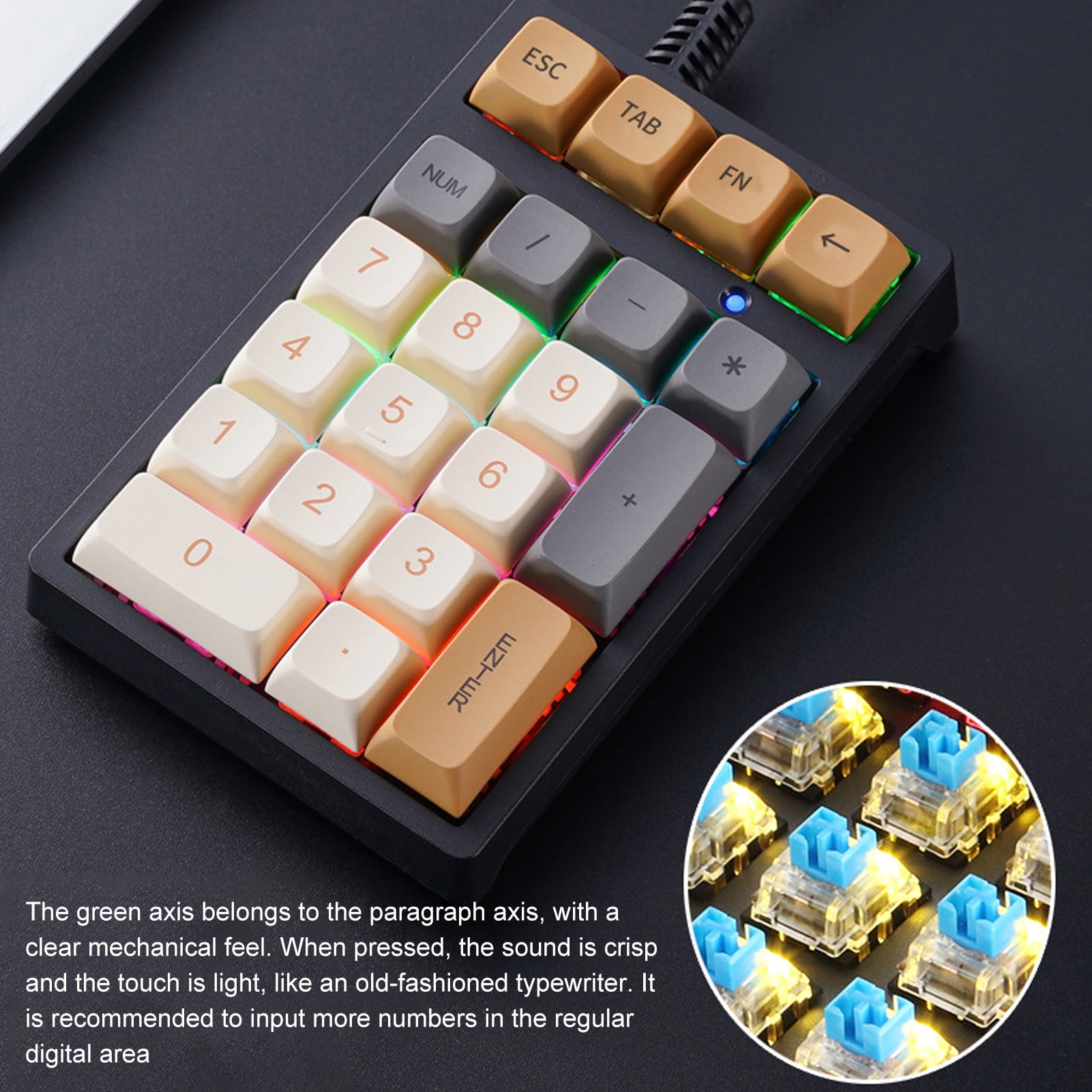 Naierhg Laptop Keypad with Mechanical Green Switches Mechanical Green Switch Laptop Keypad Usb Wired External Number Keyboard 21-key Mechanical for Laptop Cyan