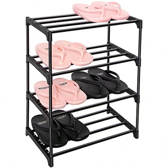 Upgrade 4-Tier Small Shoe Rack Metal Stackable Shoe Shelf Storage Shoe Stand Organizer for Closet Entryway Hallway Zapateras Organizer for Shoes Black