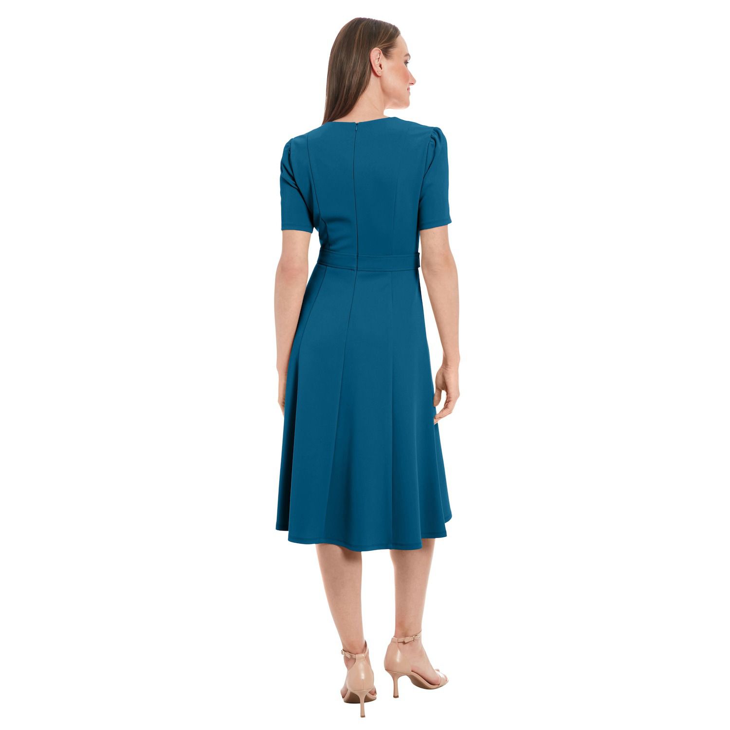 green emerald velvet dress London Times 3/4 Sleeve Seamed Side Tab Fit & Flare Midi Dress