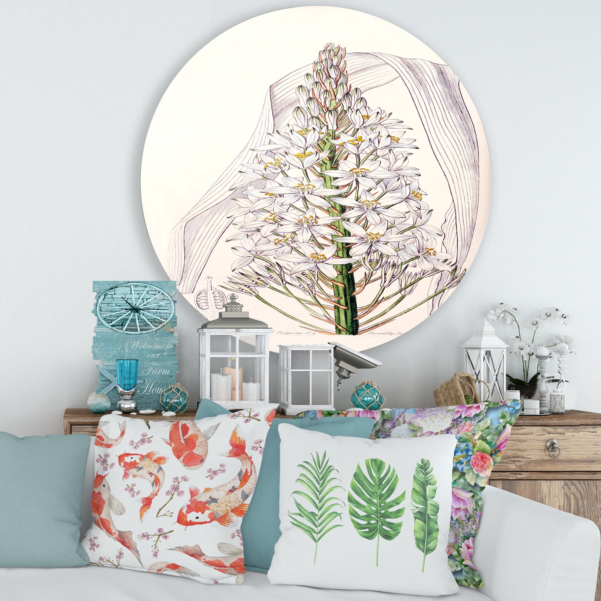 Designart 'White Vintage Orchid I' Traditional Circle Metal Wall Art 36x36 - Disc of 36