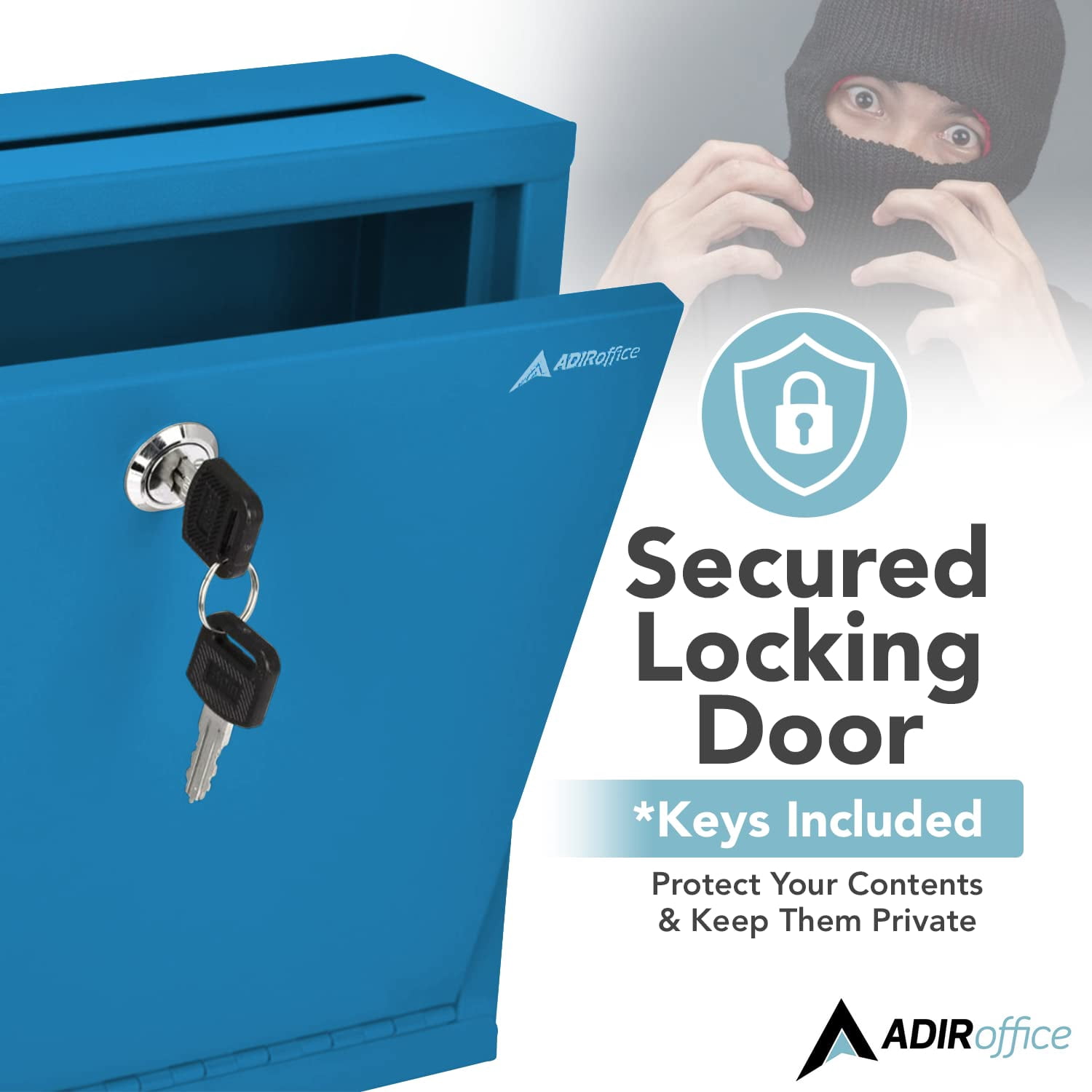 Adir Metal Suggestion Box with Lock and Slot, Wall Mount Deposit Box for Payments and Checks, Mailbox for house, Safe Drop Box with Keys - 3x10x12 Inch Blue