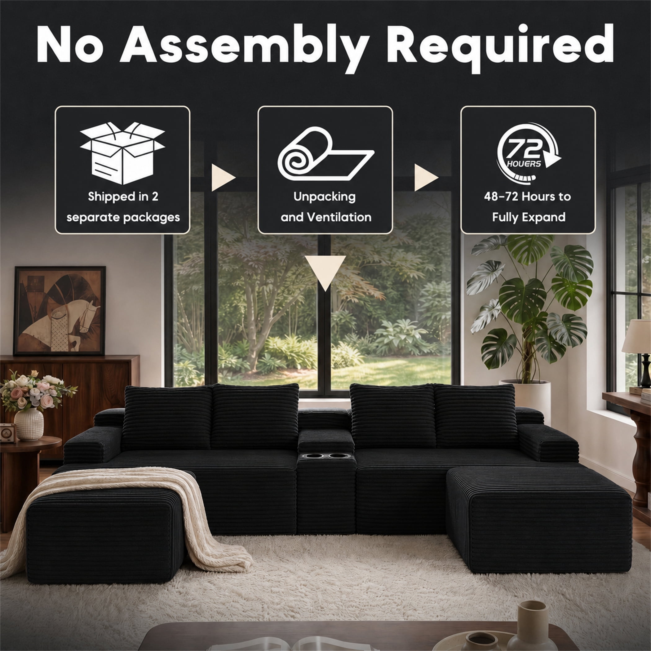 Aukfa 140" U-Shaped Cloud Sectional Sofa Oversized Boneless Couch with Cup Holder Storage Console Modular Couch for Living Room, Corduroy, Black