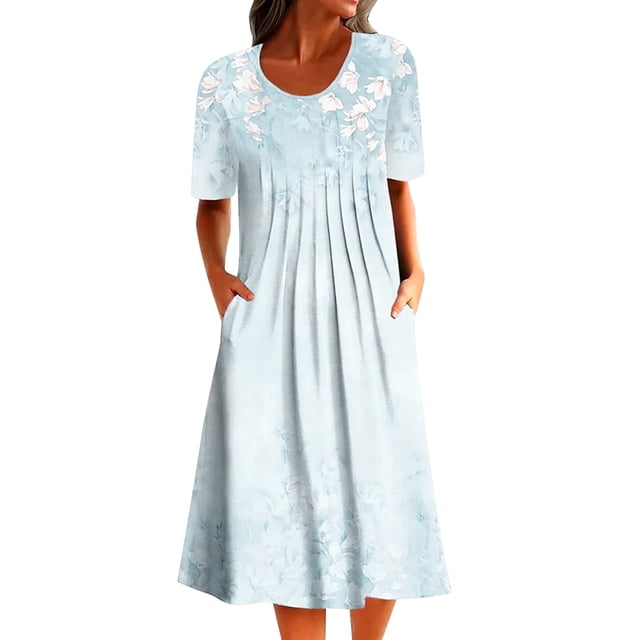 Ketyyh-chn99 Robe d'Été pour Femmes Grande Taille Robe Maxi Robe d'Été Manche à Volants Ample Fluide Plissée Robe Mini Bleu Clair,G