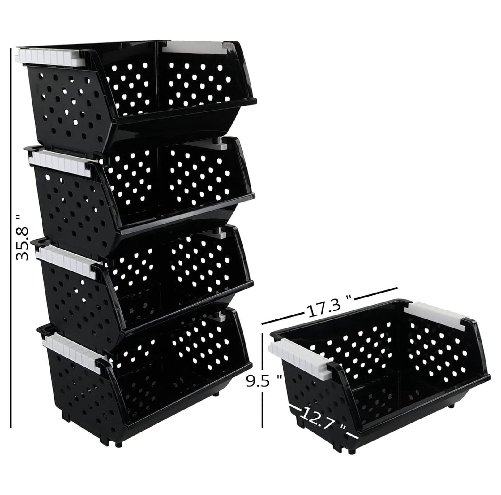 4 Pack Plastic Stackable Storage Baskets, Large Stacking Organizer Bins, Black