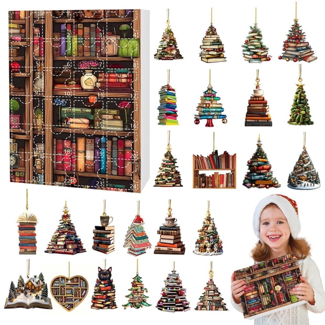 Puntoco Caja de cuenta regresiva de Navidad de 24 días con diseño de libro, colgante de acrílico, decoraciones navideñas con colección