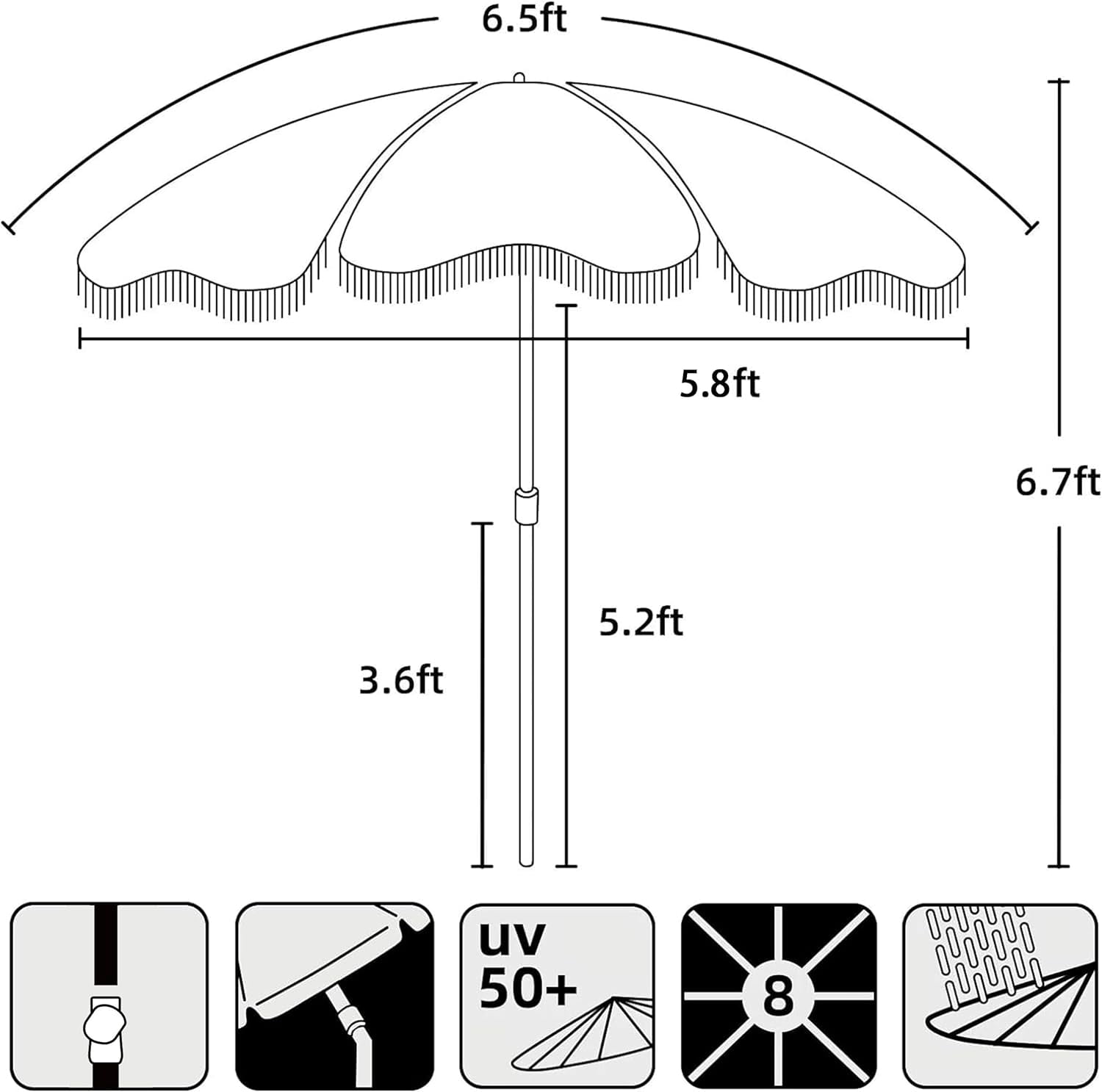6.5ft Boho Outdoor Umbrella with Fringe, UPF 50+ Picnic Umbrella with Tassels, Premium Steel Pole and Push Button Tilt, Light Beige