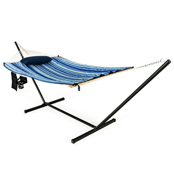 Costway Hamaca con soporte, soporte en acero resistente y barras separadoras de madera de haya, silla hamaca tejida en algodón con almohada alfombrilla portavaso y bolsillo,fácil de montar