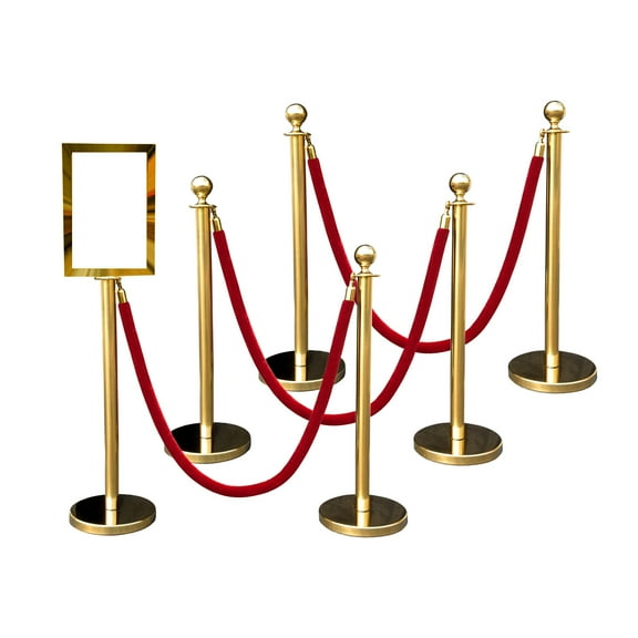 VIP Crowd Control, 6 Gold Crown Rope Stanchions   4 Red Velour Ropes   1 Portrait Sign Frame