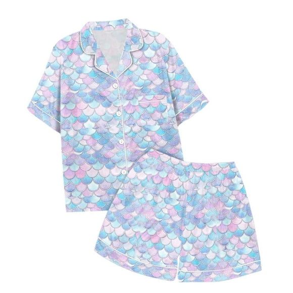 Zhuashum 12-13 Years Teen Girls Pajamas Lapel Short Sleeve Solid Color Cartoon Printstoddler Gradient Scale Print Pajama Set | 2 Piece Summer Ps Realax Fit Playsuit Blue