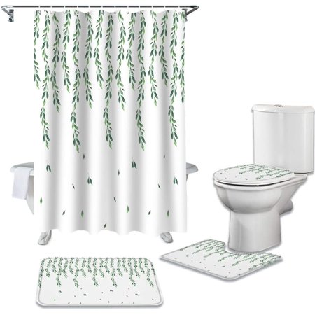 ZHANZZK Watercolor Green Leaves 4 Piece Bathroom Set Shower Curtain Bath Rug Contour Mat and Toilet Lid Cover
