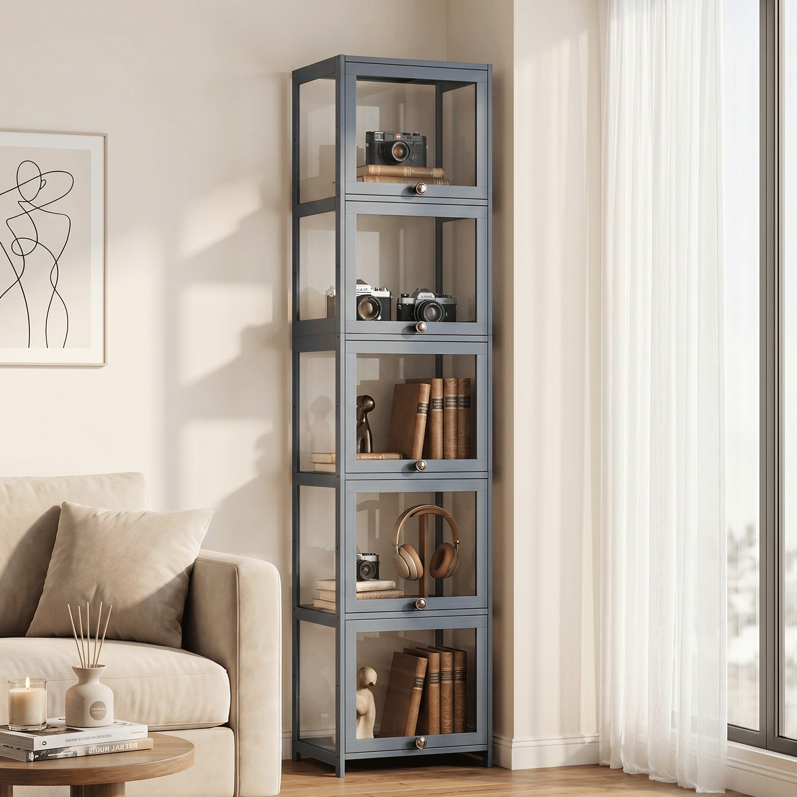 Magshion Modern 68" 5-Tier Transparent Display Cabinet with Flip Up Door, Floor Standing Showcase Bookshelf, Curio Cabinet Collection Display Case for Home Living Room Bedroom Office, Gray