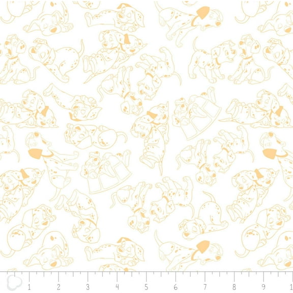 101 Dalmatians Disney Puppies Dogs Outline Yellow 100% Cotton Fabric by The Yard