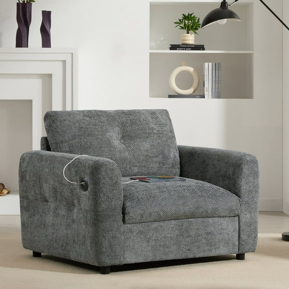Single Chenille Sofa with Dual-port Charger Station & Side Pockets, 42*33" Armchair with Wide Seat, Pull-line & Tufted Design, High-density Foam, Suitable for Living Room, Apartment, Small Space,Grey