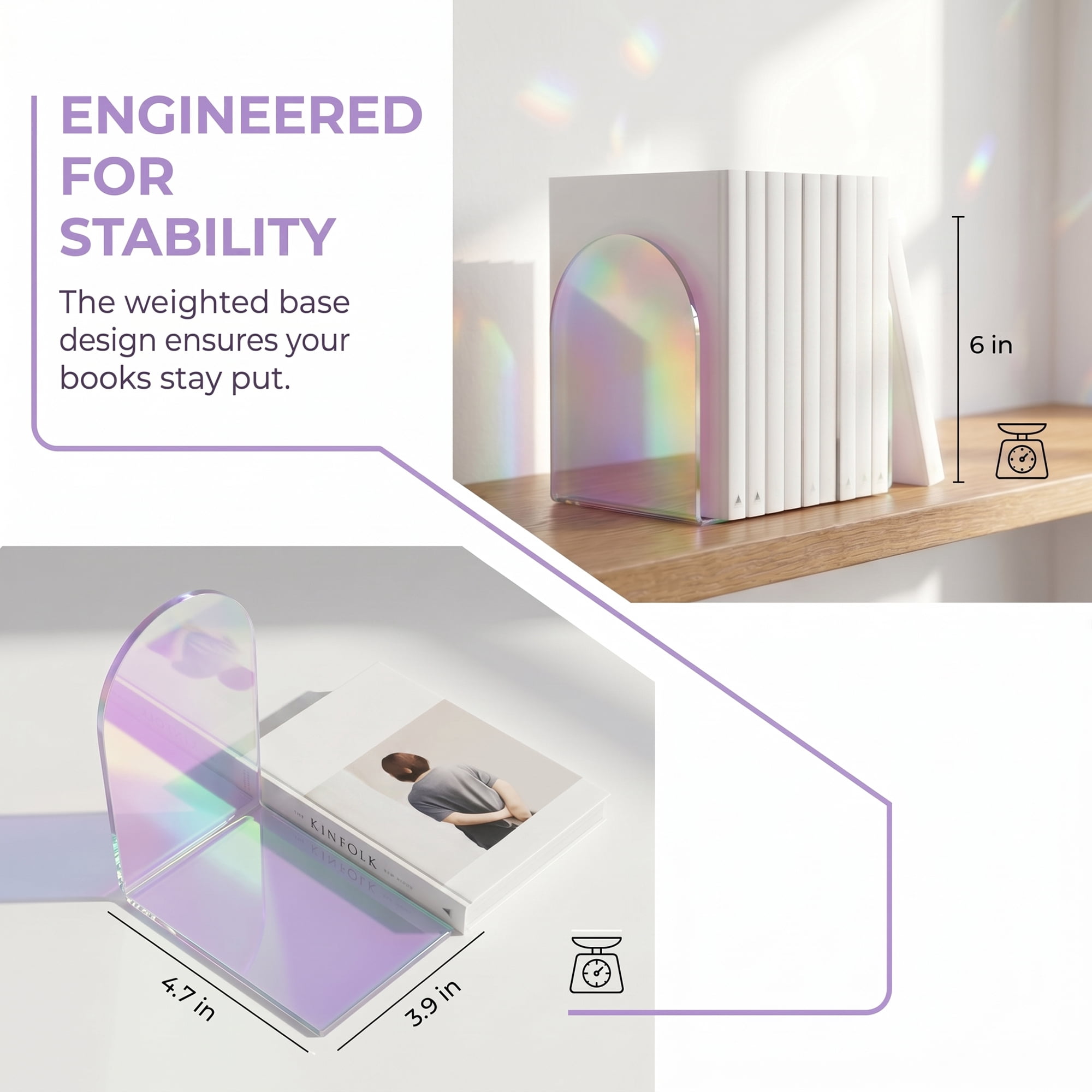 Unique Bargains 2Pcs Clear Acrylic Modern Non-Skid Bookends Laser Dazzle 4.7*3.9*6.1inch