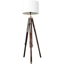 Antique Brass Finish Stand Brown Wooden Tripod Shade Lamp Authentic Model