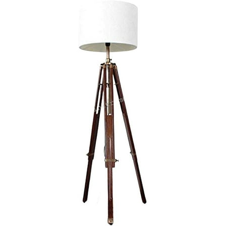 Antique Brass Finish Stand Brown Wooden Tripod Shade Lamp Authentic Model
