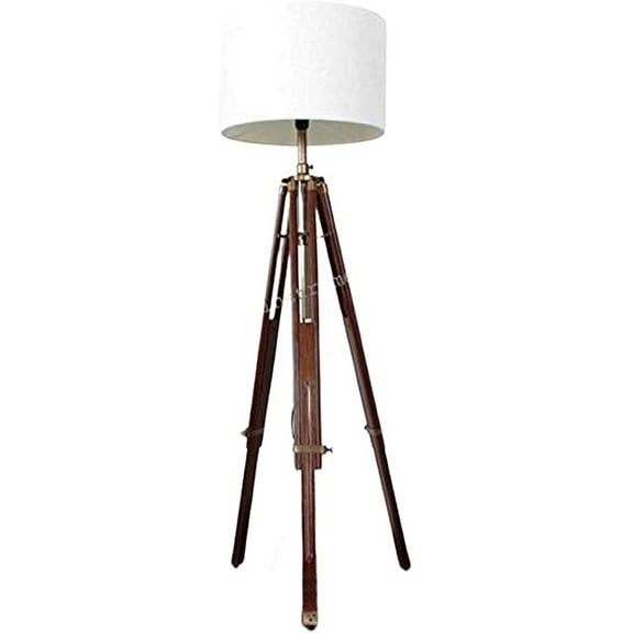 Antique Brass Finish Stand Brown Wooden Tripod Shade Lamp Authentic Model