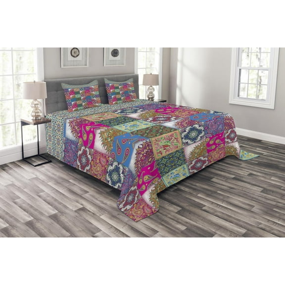 Ambesonne Boho Quilted Bedspread Set 3 Pcs, Middle Eastern Paisleys, King Size, Multicolor