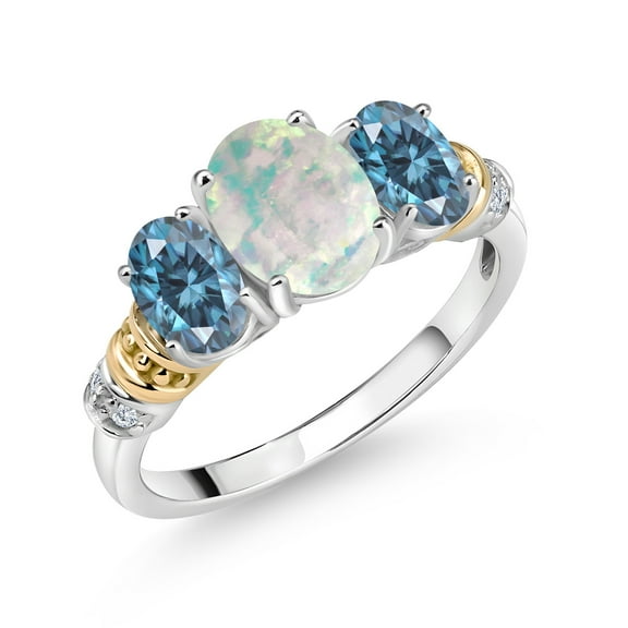 Gem Stone King 925 Sterling Silver and 10K Yellow Gold Oval White Opal Persian Blue Moissanite and White Diamond 3 Stone Ring for Women (1.93 Cttw, Gemstone October Birthstone, Size 9)