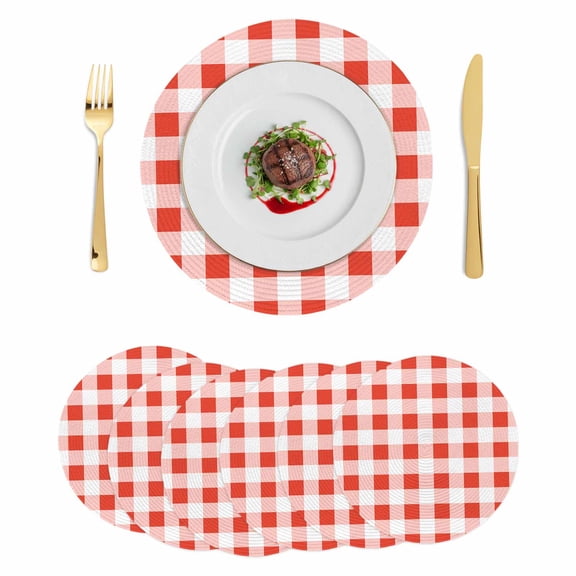 Orange Red Checkered Round 13 Inch Placemats Set of 6, Farmhouse Buffalo Plaid HeatResistant Non Slip Place Mats for Dining Table, Wipeable Braided Kitchen Table Mats for Housewarming