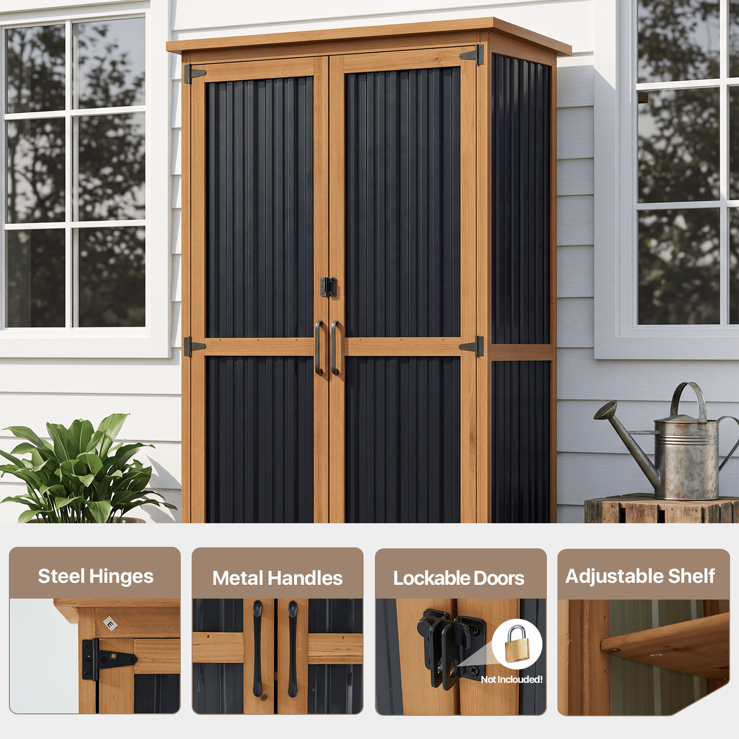 BaPiPro Outdoor Storage Cabinet, 2.6'x1.1' Tall Wood Storage Shed with Lockable Doors, Waterproof Garden Tool Cabinet with Removable Shelves for Patio, Backyard