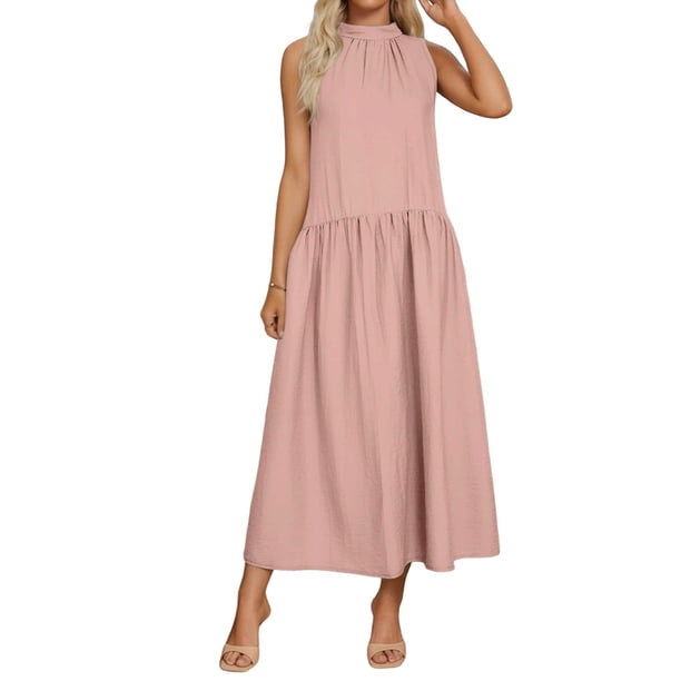 Zapatos de Vestido de Mujer Casual sin Mangas con Cremallera Trasera Vestido de Lino Midi para Primavera Verano Playa Y Uso Diario