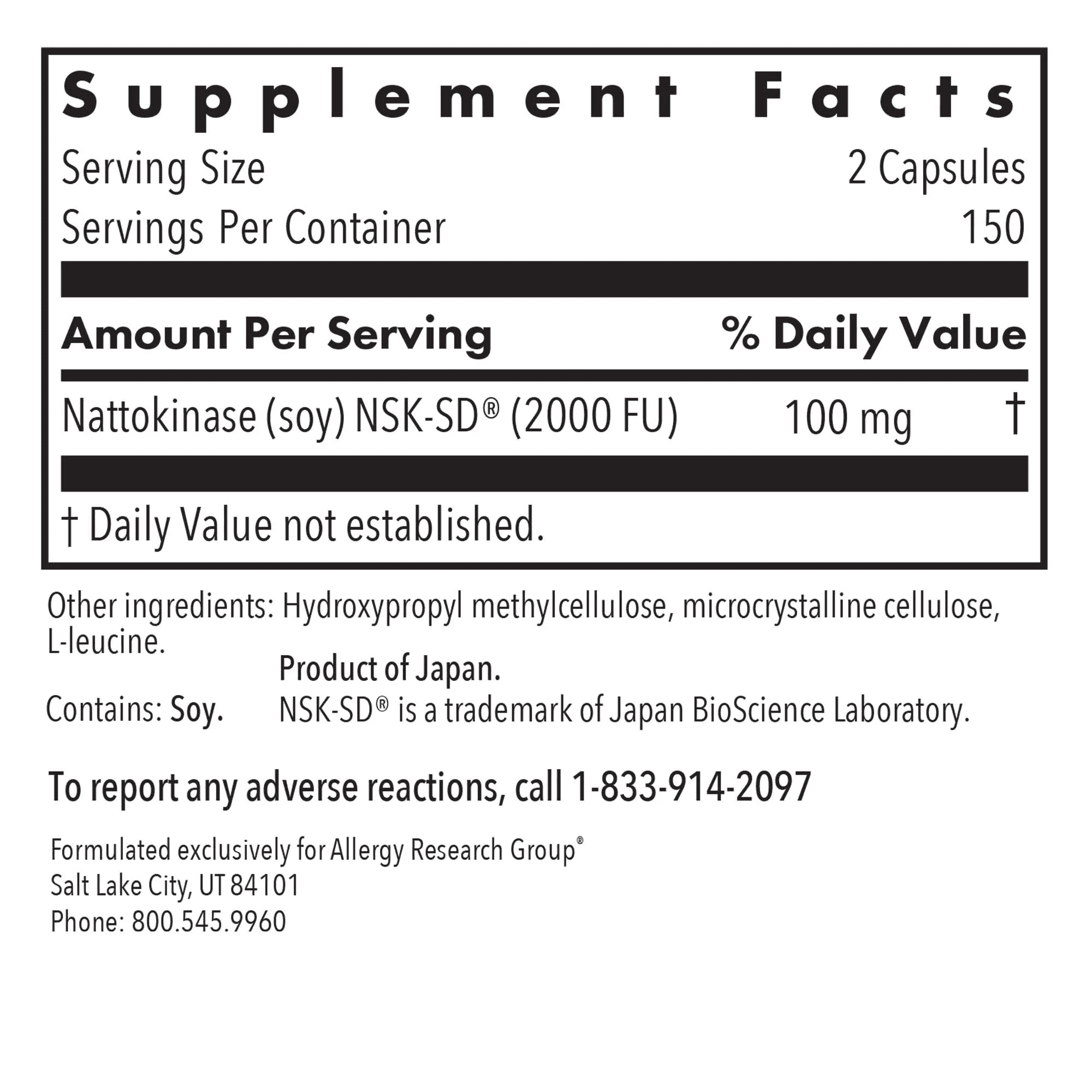 ARG Nattokinase 50 mg - Supplement to Support Healthy Circulation - Delivers 50 mg Nattokinase NSK-SD from Fermented Soybeans per Serving - 150 Servings - 300 Capsules
