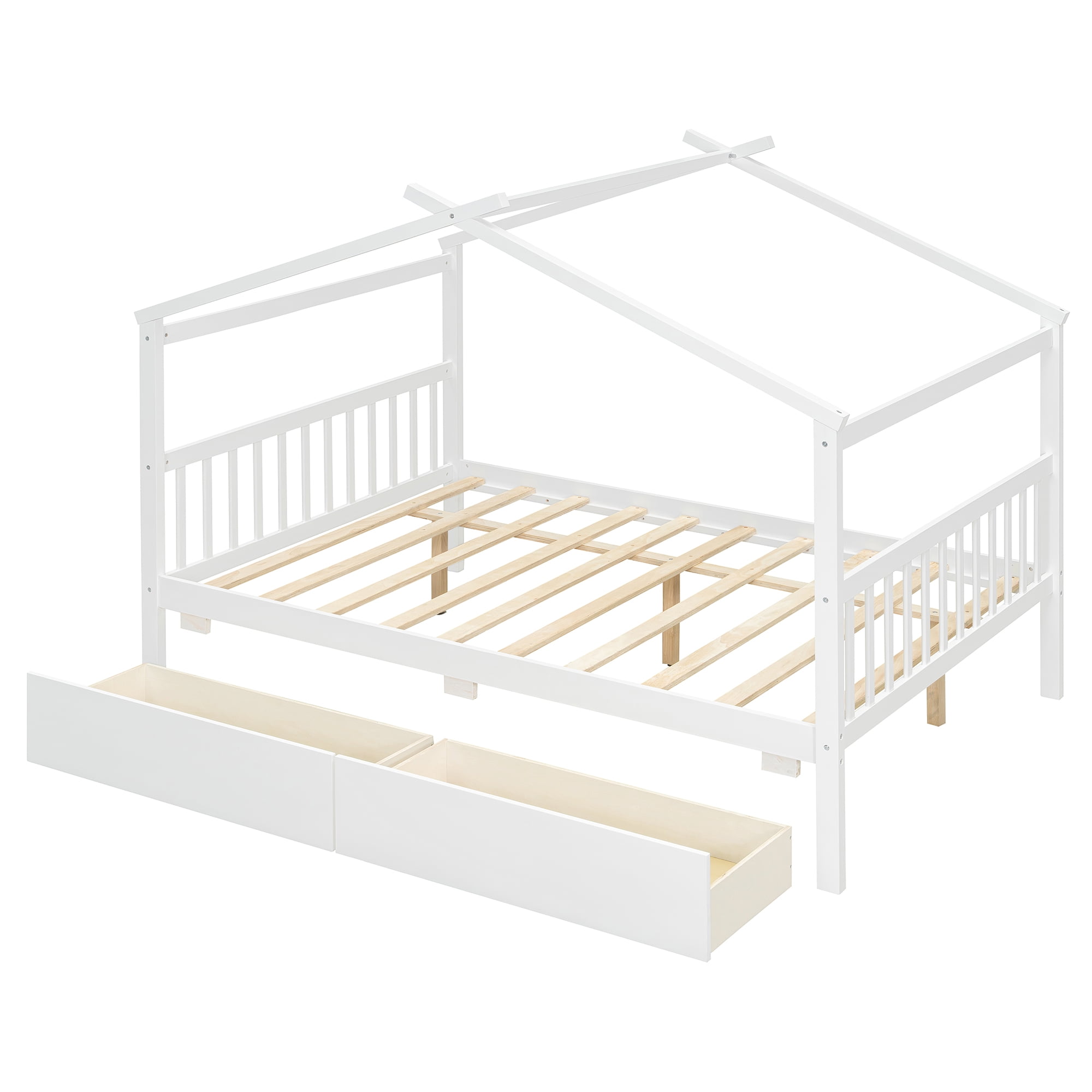 Aukfa Full Size House Bed with Two Storage Drawers for Kids, Solid Wood Montessori Bed Frame, White