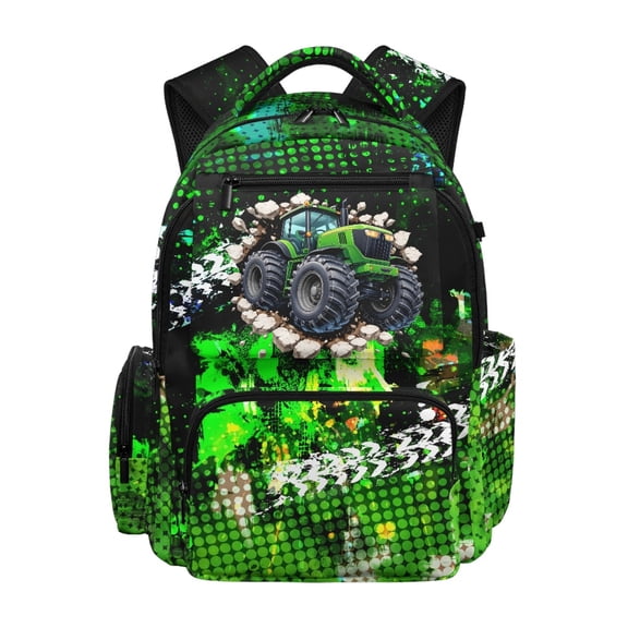 Chririnla Lightweight Shoulder Bookbag for Elementary School Daily, Polyester Pockets School Bag, Green Tractor Pattern
