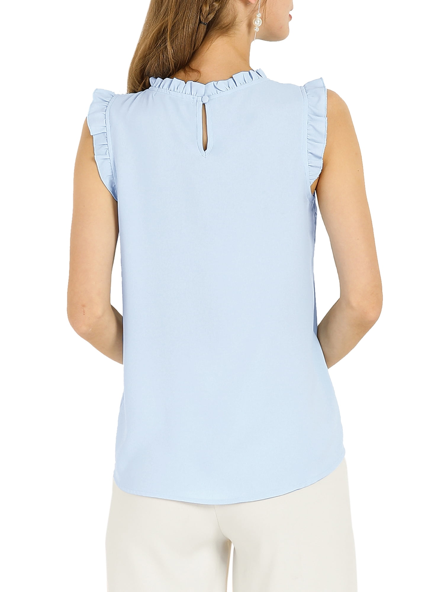 DARING DIVA Women's Ruffled Trim Pleated Plain Blouse Top M Blue