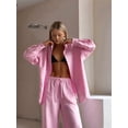 thumbnail image 5 of Women'S 2 Piece Sets-Linen Long Sleeve Shirts + Wide Leg Pants Vacation Outfits Matching Sets Pink L, 5 of 9