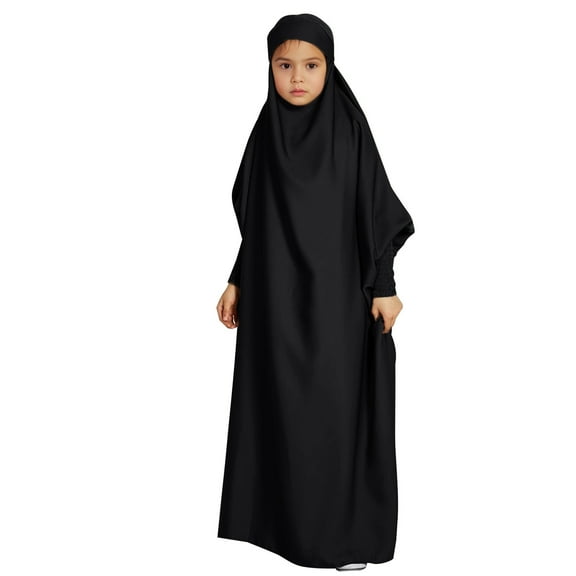 Kiijoy Girls Abaya with Hijab Solid Color Long Sleeve Maxi Dress Headscarf Set, Sizes 5-14