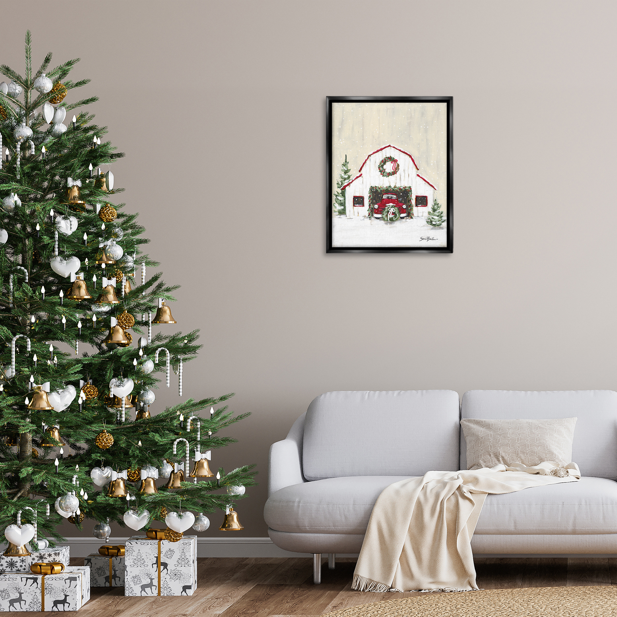 Stupell Industries Seasonal Garlands Barn Holiday Painting Black Floater Framed Canvas Art Prints Wall Art, 25 x 31
