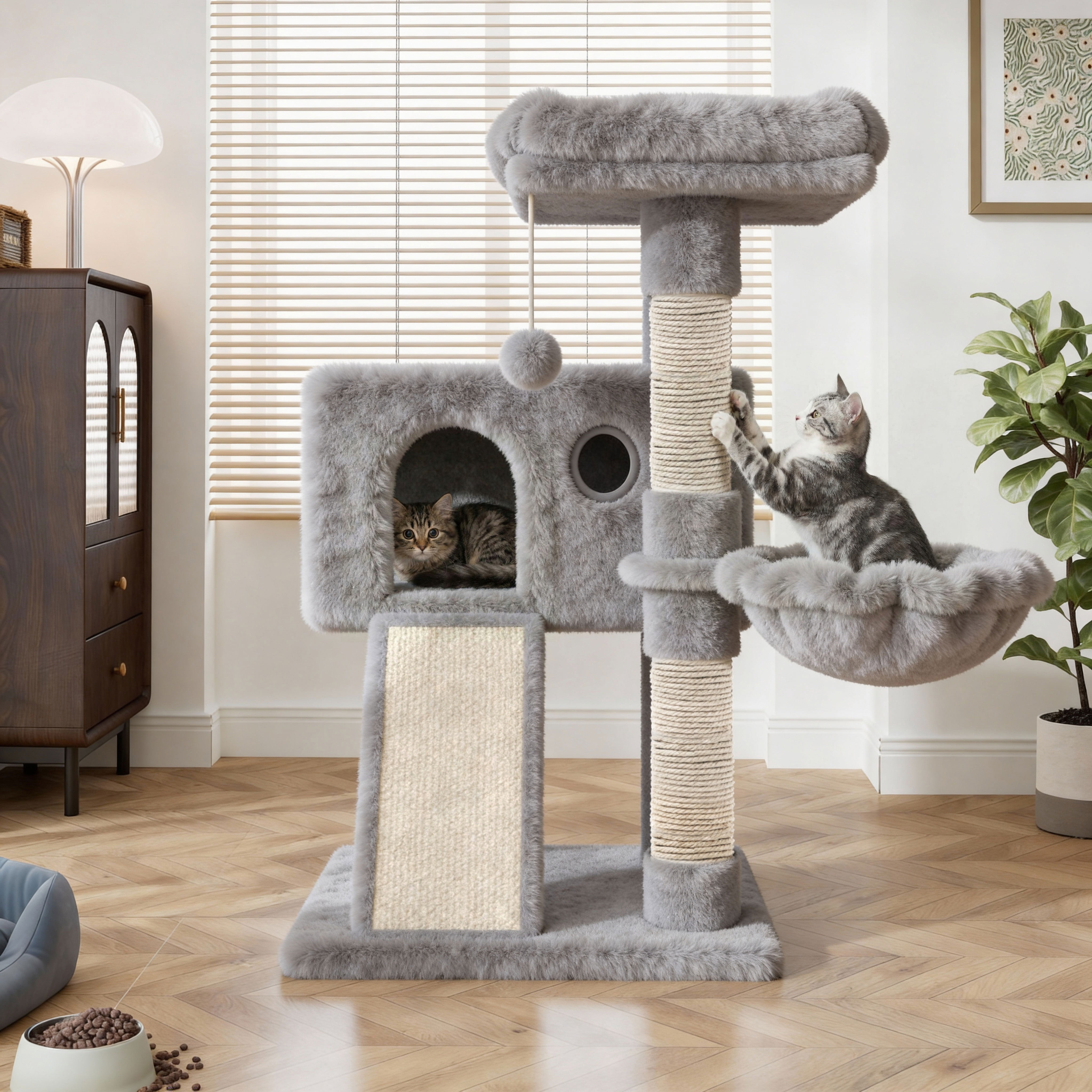 Amolife 36.6" Cat Tree Tower for Indoor Cats, Cat Condo with Plush Perch, Sisal Scratching Posts & Ramp, Cozy Cat Furniture, Gray