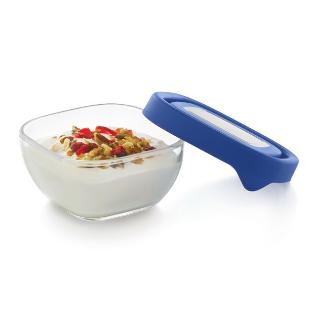 Libbey Serve It Square Glass Containers with Blue Lids, 1cup, Set of 4