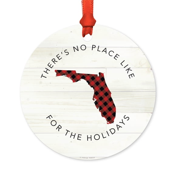 US State Round Metal Christmas Ornament, Red Plaid on Light Rustic Wood, Florida, Includes Ribbon and Gift Bag