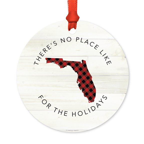 US State Round Metal Christmas Ornament, Red Plaid on Light Rustic Wood, Florida, Includes Ribbon and Gift Bag