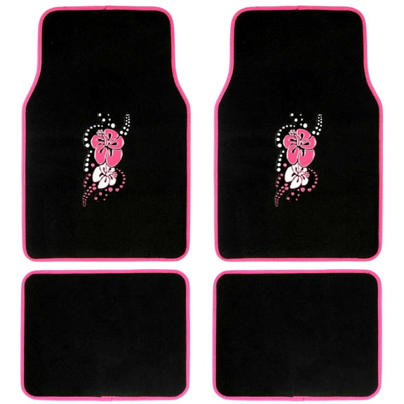 BDK 4-Piece Design Carpet Floor Mat Set - (Hawaiian Flower Pink) (Licensed Products, Secure Backing)