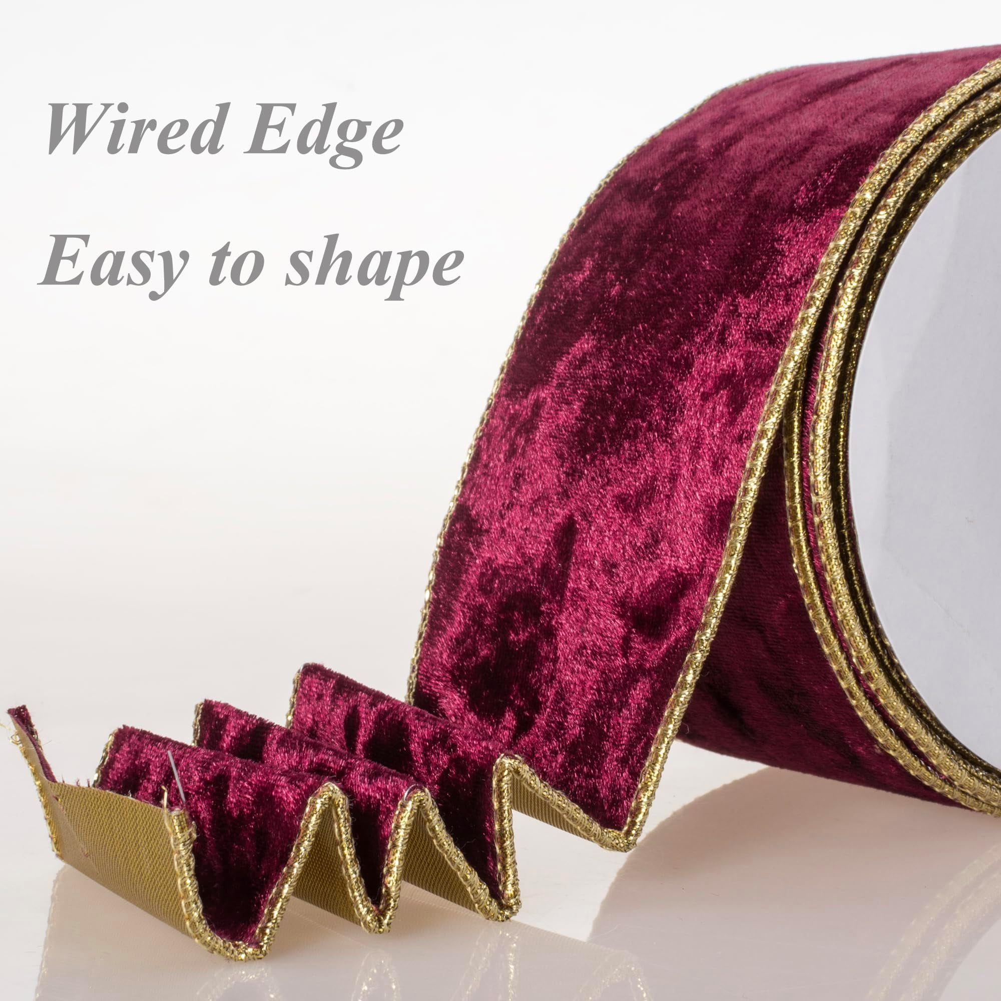 RuiJiao 2.5in Red Velvet Wired Christmas Wired Ribbon with Gold Backside, Red and Gold Christmas Ribbon for Tree Decorations, Wreaths, Crafts, Home Decor, Gift Wrapping