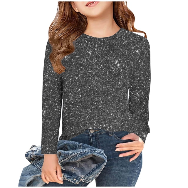 FAIWAD Hauts à Manches Longues Scintillants pour Filles, Col Rond Décontracté Léger Tendance pour Fête