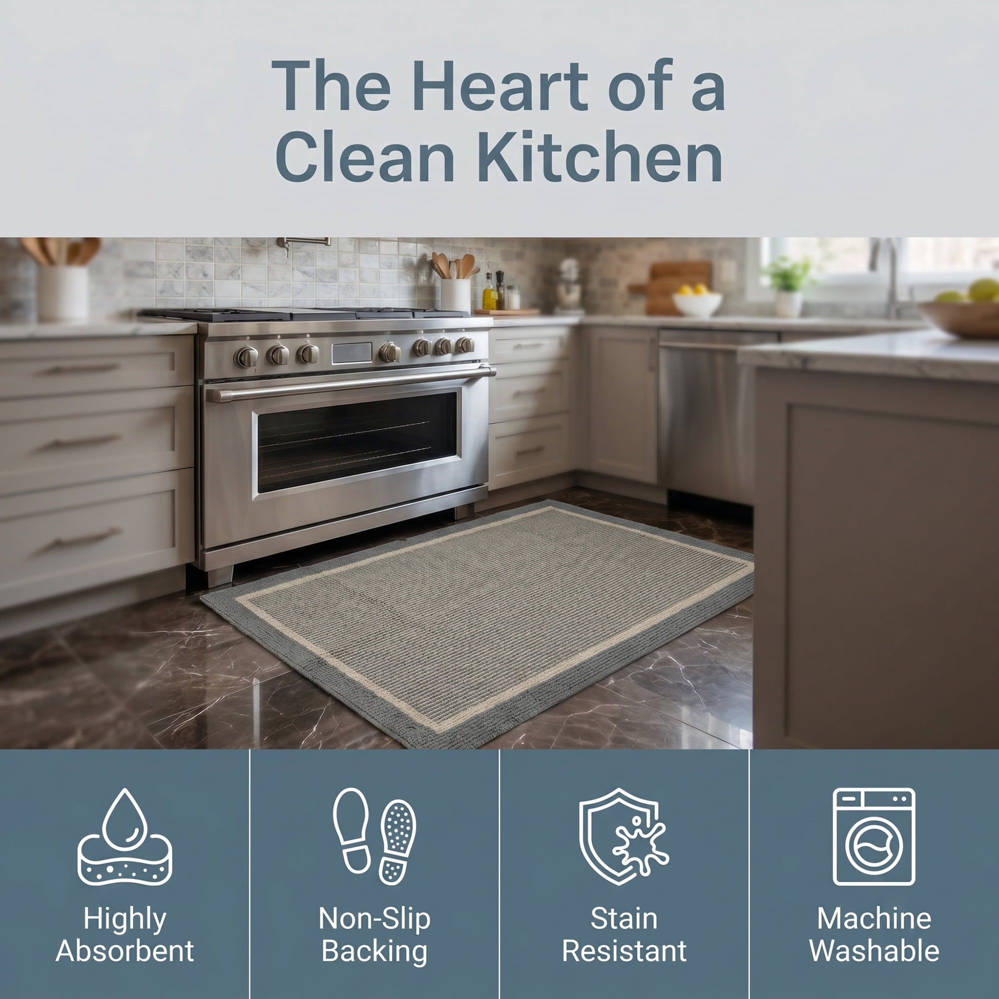 Unique Bargains Striped Polypropylene Non-Slip Absorbent Kitchen Rug Grey 32" x 20"