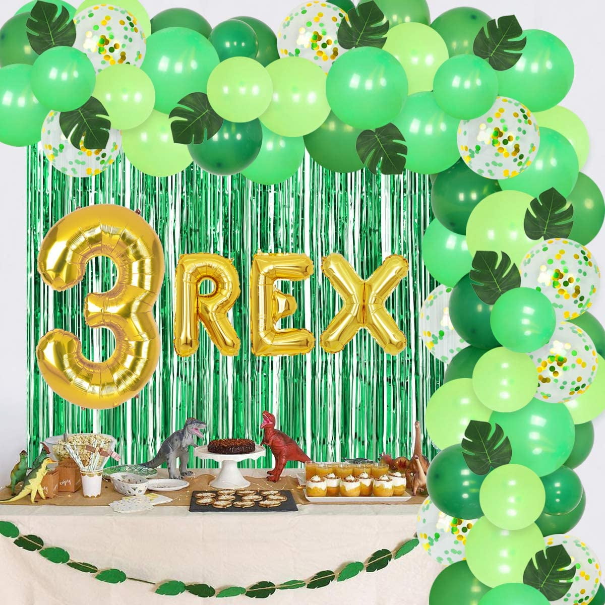 Dinosaur 3rd Birthday Decorations for Boys - Dinosaur Balloon Garland kit 3 REX Foil Balloons Artificial Leaves Green Rain Gurtain Jungle Theme Party Three Rex Birthday Party Supplies
