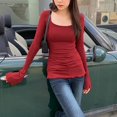 thumbnail image 2 of Vintage Glam Women Square Neck Flared Sleeves T-Shirt Fashion Fitted Top - Red S, 2 of 5
