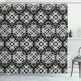 thumbnail image 1 of Trellis Shower Curtain, Illustration of Flourishes and Squares with Stripes Vintage Feels, Fabric Bathroom Set with Hooks, 69W X 70L Inches, Charcoal Grey and White, by Ambesonne, 1 of 3