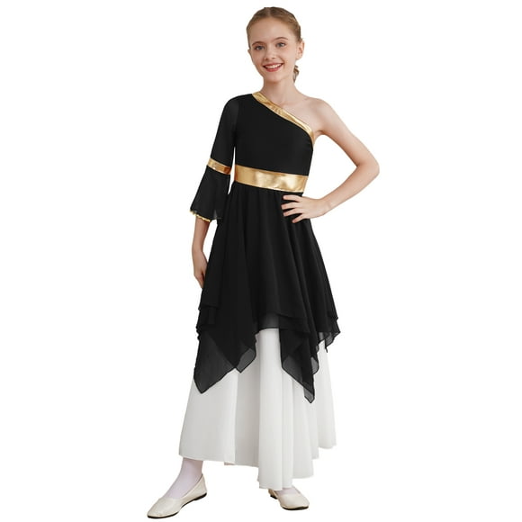 Eandarui Robe de Danse pour Filles, Épaule Unique, Robe de Prière d'Église, Robe Liturgique Métallique Irrégulière Noire 12