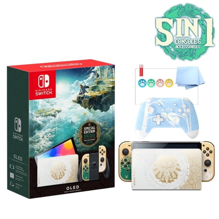 2023 Nintendo Switch OLED The Legend of Zelda: Tears of the Kingdom Limited Edition, Green & Gold Joy-Con, 64GB Console, Hylian Dock, Mytrix Blue Wireless Pro Controller, 3 Accessories: 5 in 1 Bundle