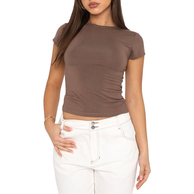 Gupgi T-Shirts Basiques à Manches Courtes pour Femmes Col Rond Ajusté Crop Top Couleur Unie Serré